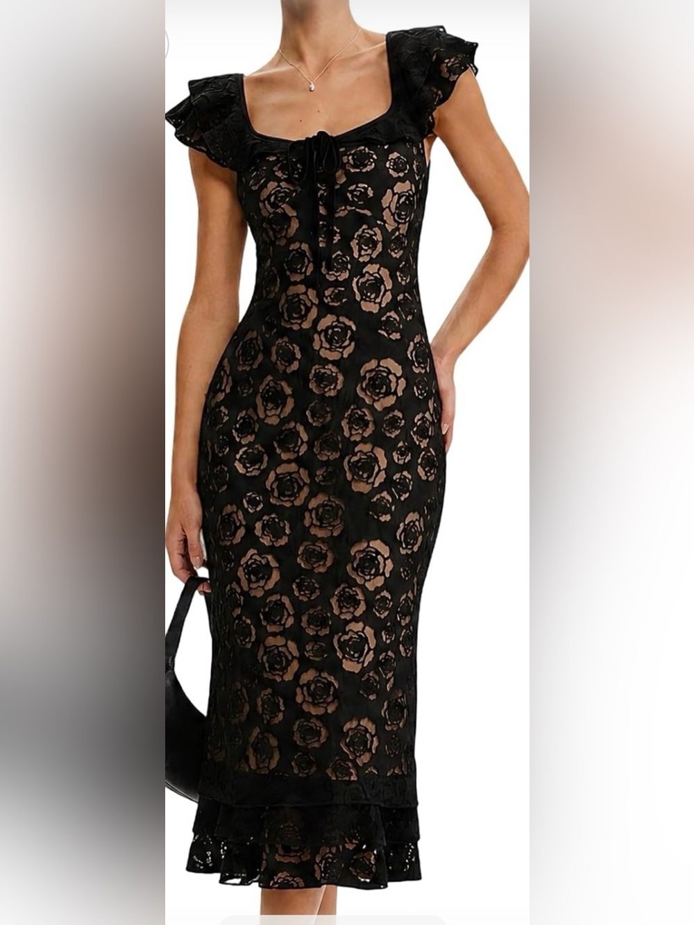 RIHOAS Black Floral Lace midi Dress large NWT Ruffles BodyCon cocktail party - Picture 2 of 16